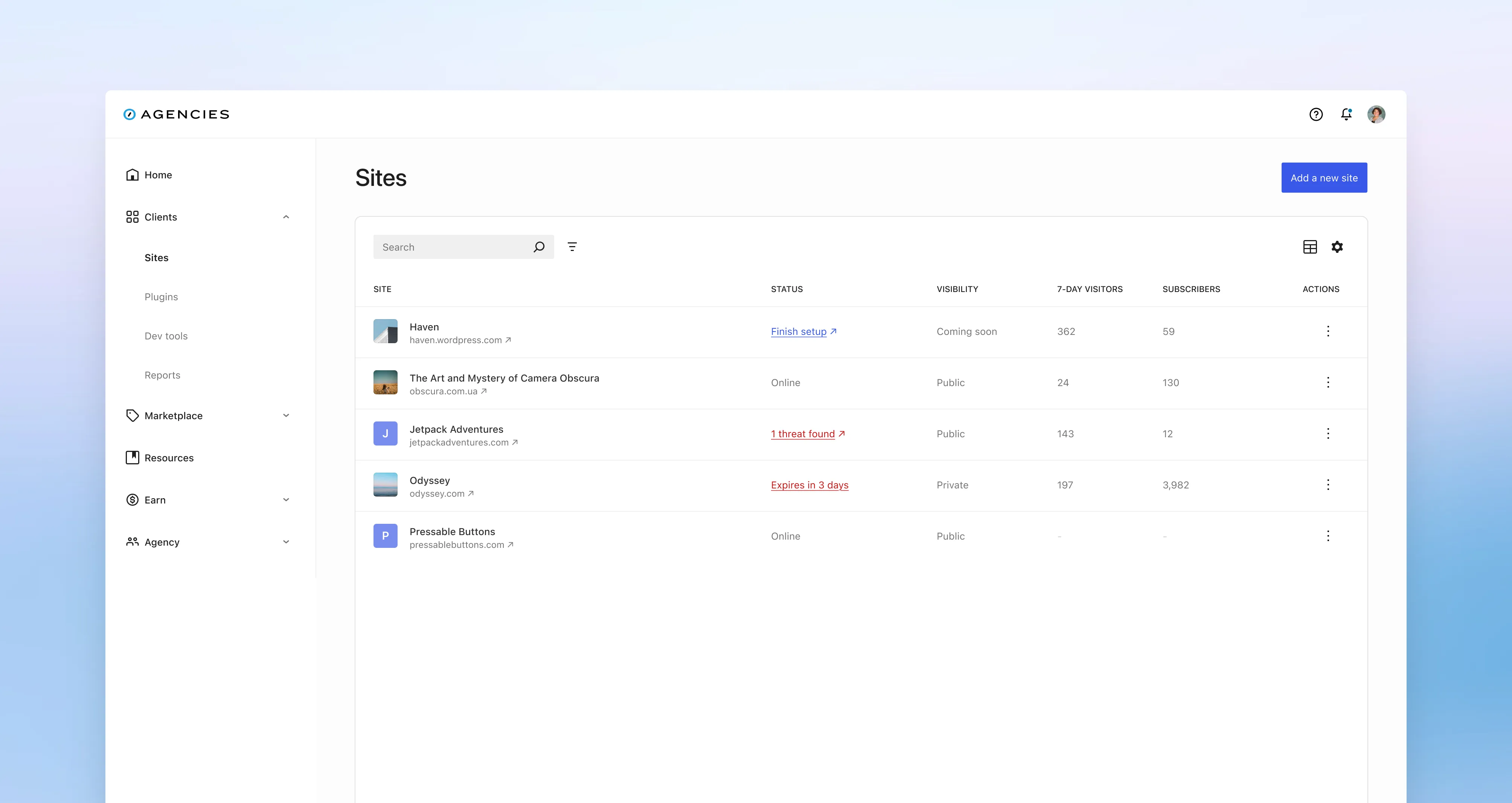 A4A Clients section showing the Sites list view